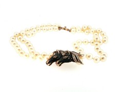 Vintage Signed Panetta Double‑Strand Pearl Necklace | Rhinestone Horse Head