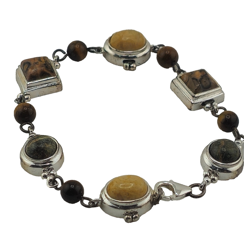 Sterling Silver 925 Bracelet Mixed Stone Cabochons 6.5in Lobster Clasp Classic