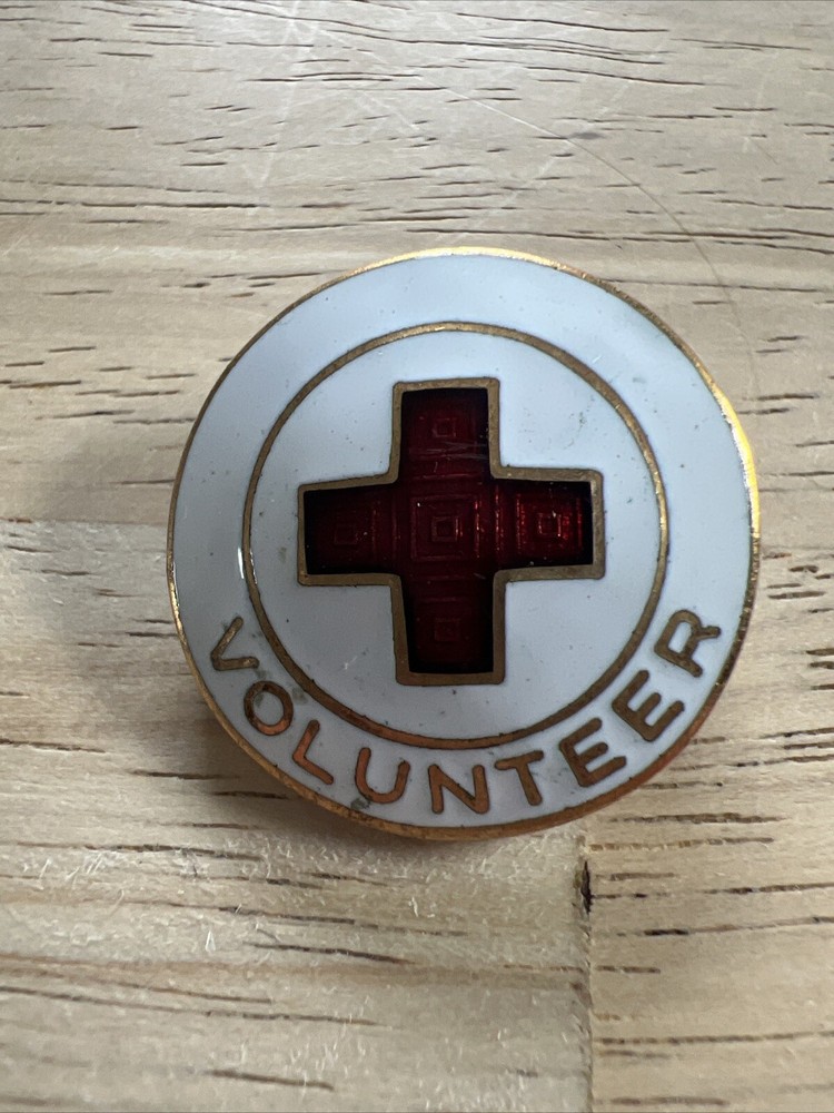 Vintage Enameled Gold Tone Metal Red Cross Volunteer Pin or Brooch