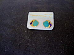 VINTAGE SAMUEL HUANG DESIGNER CLOISONNE RETRO MOD AQUA & COBALT STUD EARRINGS