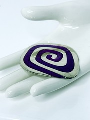 Vintage Mexican Alpaca Silver Enamel Brooch Purple Spiral Modernist Signed