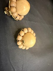 Vintage Marvella Wood Bead Cluster Dome Clip On Earrings Signed 1.25 Inch