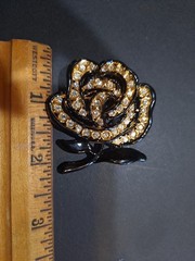 Vintage Rhinestone Flower Brooch Gold Black Enamel Flower Brooch Pin White Stone