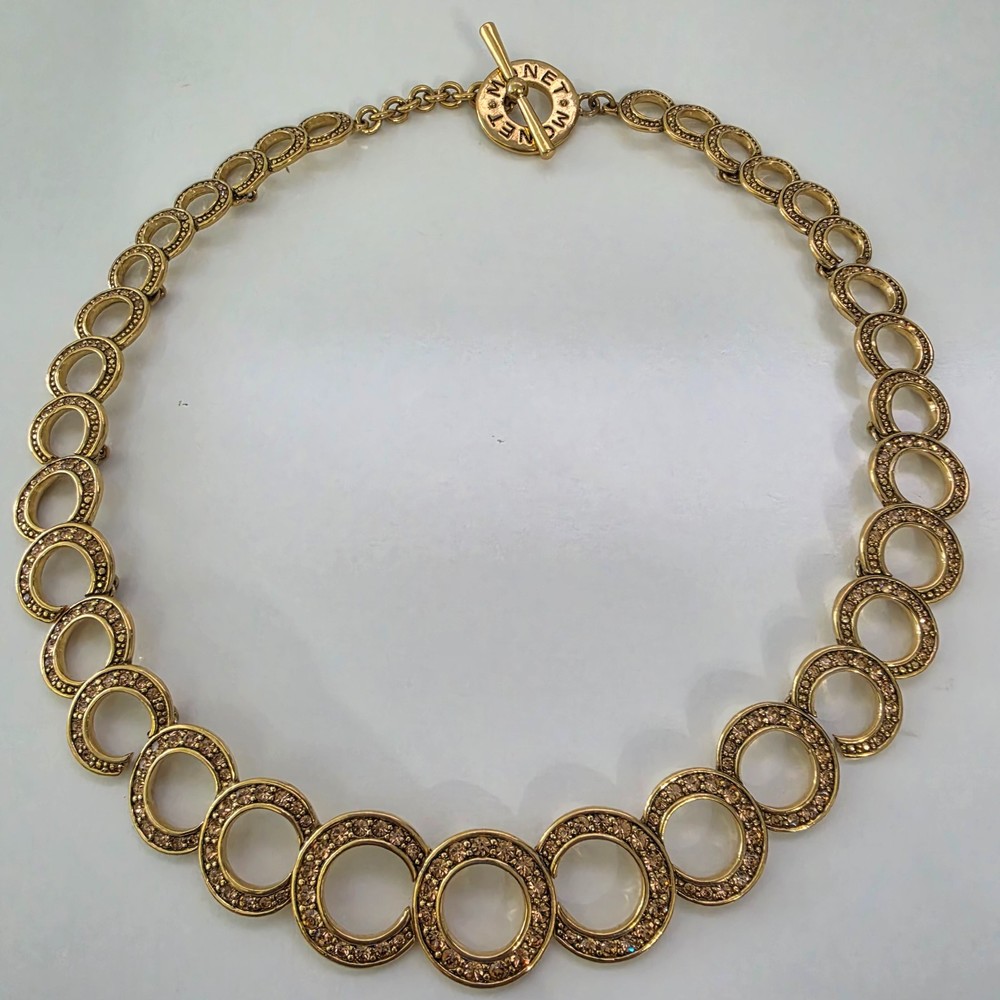 Monet Choker Necklace Gold Tone Champagne Color Rhinestones 14.5″ inside Circum