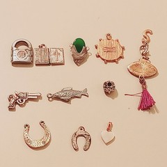 Vintage Silver Tone Charm Lot Yale Padlock Bible Gun Fish Horseshoe Jade Jewelry