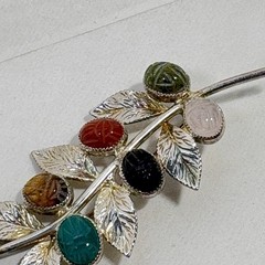 VTG Egyptian Scarab Leaf Brooch Pin Multi Gemstone Sterling Silver Designer JJJ