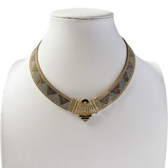 Antique Art Deco Egyptian Revival Enamel Geometric Mesh Collar Necklace 16”