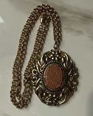 Vintage Lace Gold Stone Pendant Art Nouveau Textured Oval Chain Large Cameo