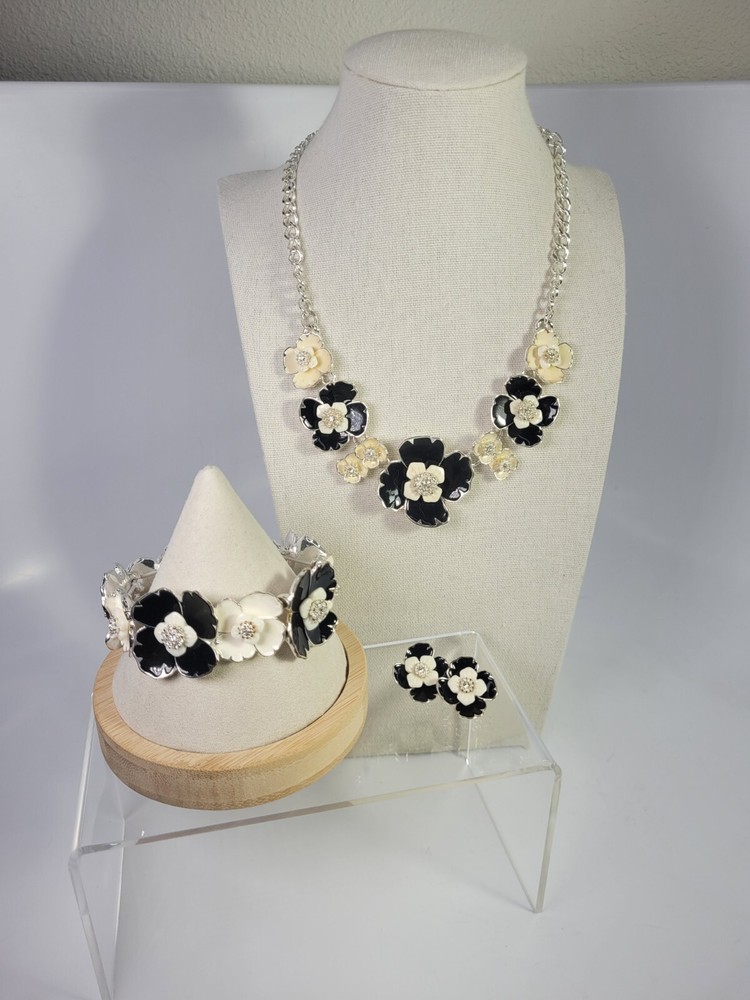 Dana Buchman Enamel Flowers 3 Piece Set Silver Plated Black Cream With Crystals