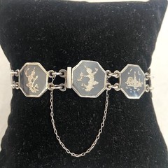 VTG Siam Sterling Silver 925 Niello Black Enamel Panel Bracelet 6.75″