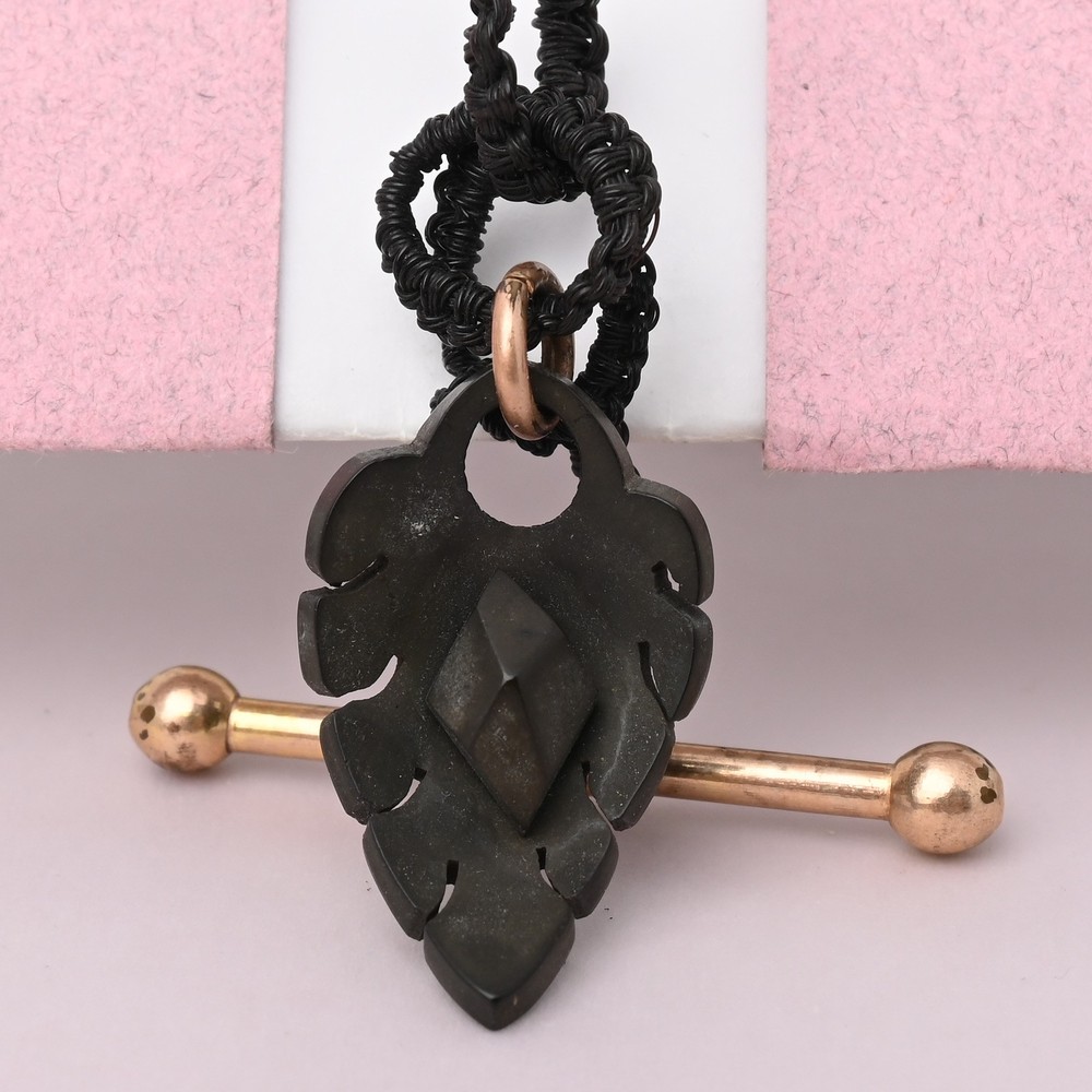 Antique Victorian Upcycled Vulcanite Feather Gold Filled T-Bar Pendant