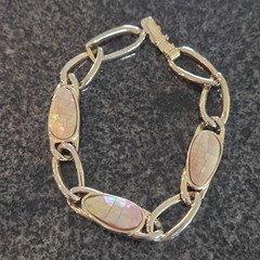 Vintage Women’s Abalone Shell Chain Link Bracelet Silver Tone 7″