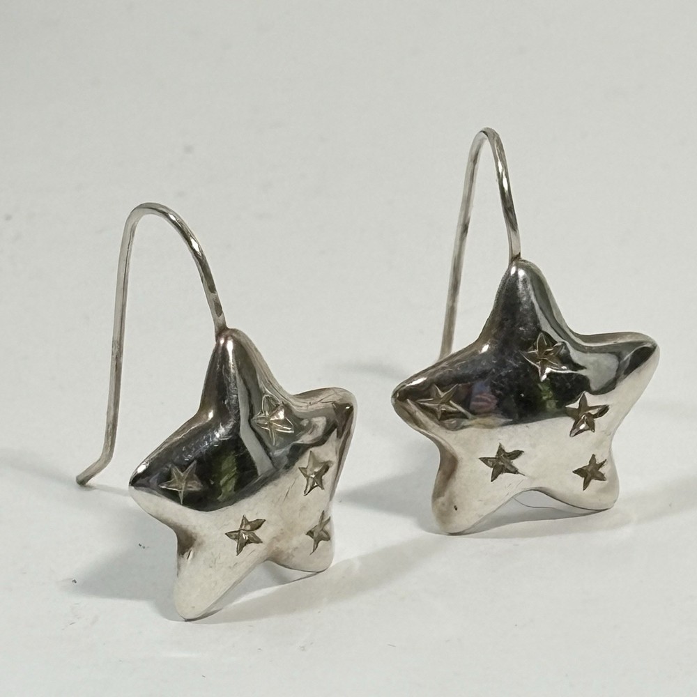 Vintage Signed M Milor Sterling Silver Puffy Etched Star Drop Earrings 3/4″ 3.6g
