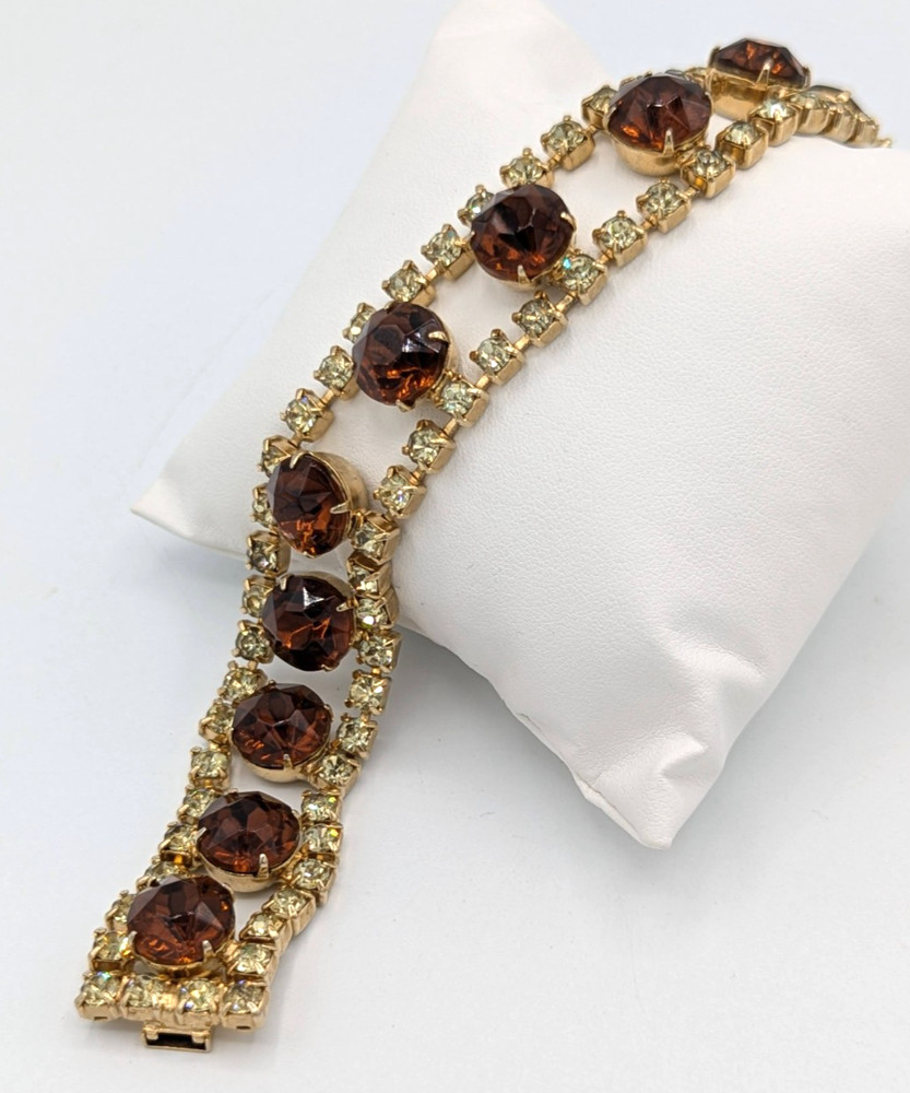 Vintage Cognac Brown Yellow Rhinestone Link Bracelet MCM Glass Crystals 7″