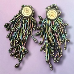 Statement Fringe Earrings Bugle Bead Oil Slick Pierced Vintage 1980s Runway