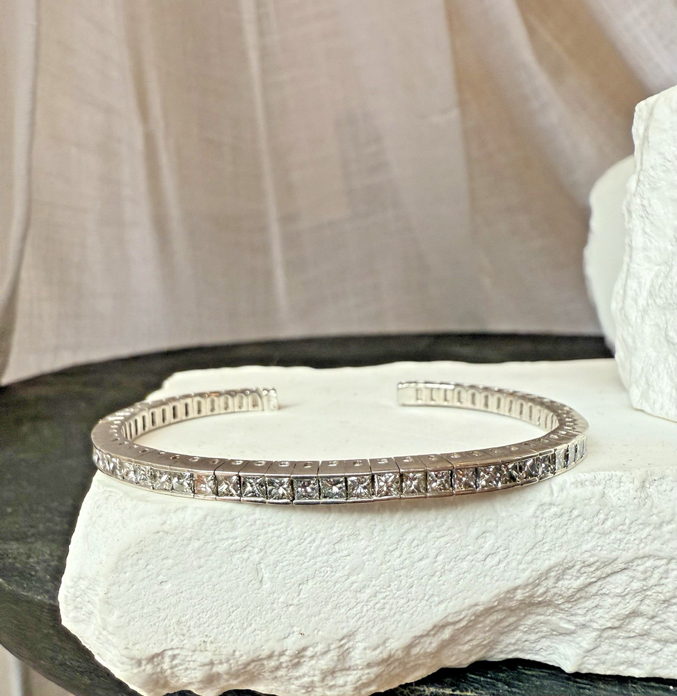 Estate 14k White Gold 4ct Princess Cut Diamond Bangle – Channel Set – Elegent