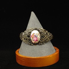 70s Brass Filigree Victorian Courting Couple Porcelain Cuff Bracelet
