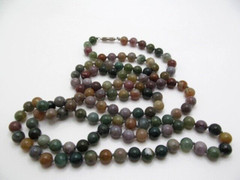 Vintage Opera Length Indian Agate 8.5mm Green Knotted Stone Necklace 48 In