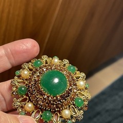 Vintage Karu Arke Inc. Rhinestones Faux Pearls Faux Jade Pendant Brooch
