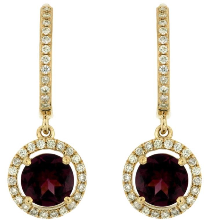 2.46CT DIAMOND & AAA RHODOLITE 14KT YELLOW GOLD ROUND LEVERBACK HANGING EARRINGS