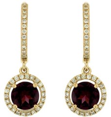 2.46CT DIAMOND & AAA RHODOLITE 14KT YELLOW GOLD ROUND LEVERBACK HANGING EARRINGS