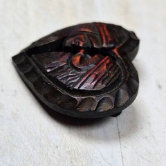Vtg Hokkaido Wood Carved Heart brooch Artist signed Rare Jewelry dated 1965