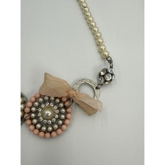 Vintage Asymmetrical Statement Necklace Faux Pearl Pink Bead Rhinestone Bow
