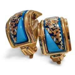 Vintage Hermès Cloisonné Enamel Gold-Tone Earrings with Panther, Leopard,Cheetar