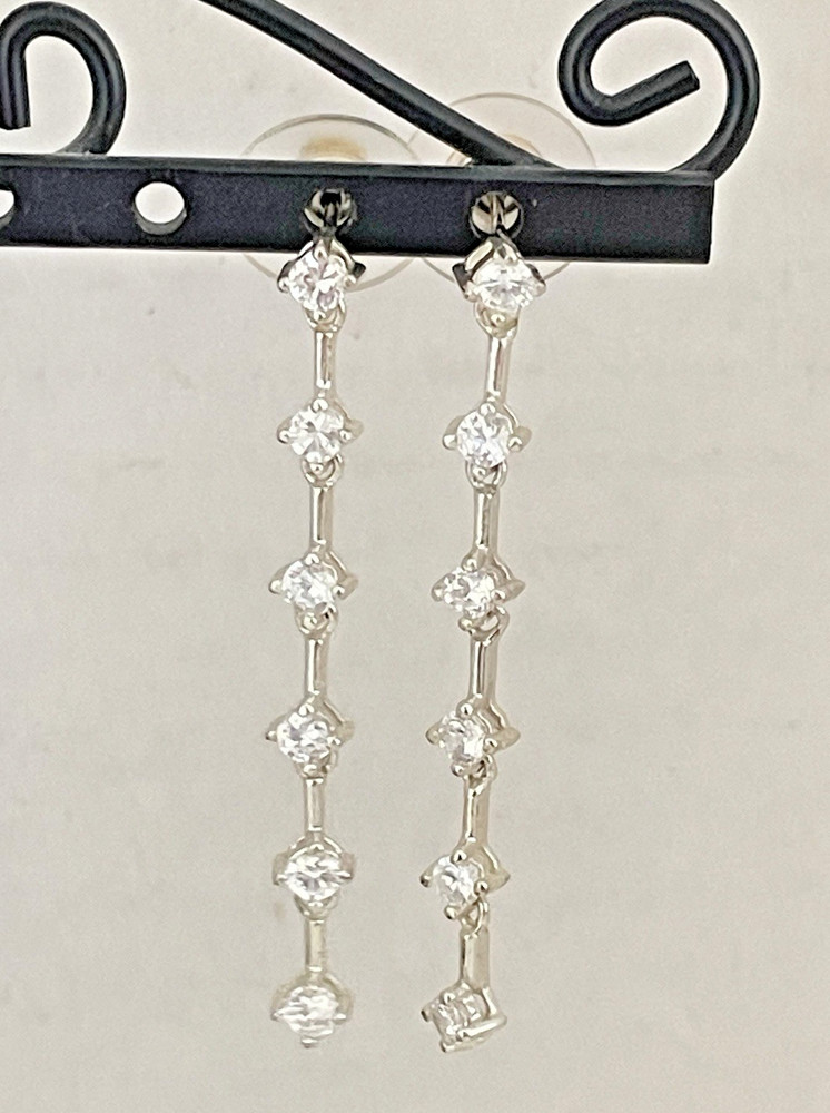 925 Signed Clear Crystal Dangle drop Linear 1 3/4″ long Post Pierced Earrings