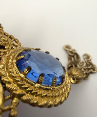 Vintage West Germany Brooch Blue Glass Gold Tone Signed FANTASTIC