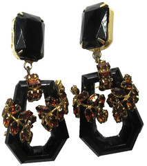 SCHREINER Black Hoop Rootbeer Wrapped Rhinestone Vintage Clip Earrings