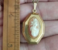 Antique 12 k gold filled Cameo Hexagon Shaped Double Picture Locket & Chain