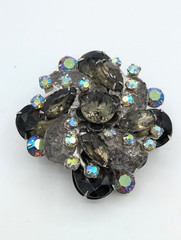 Vintage Rhinestone Brooch Smoky Gray Black Silver Tone Statemen