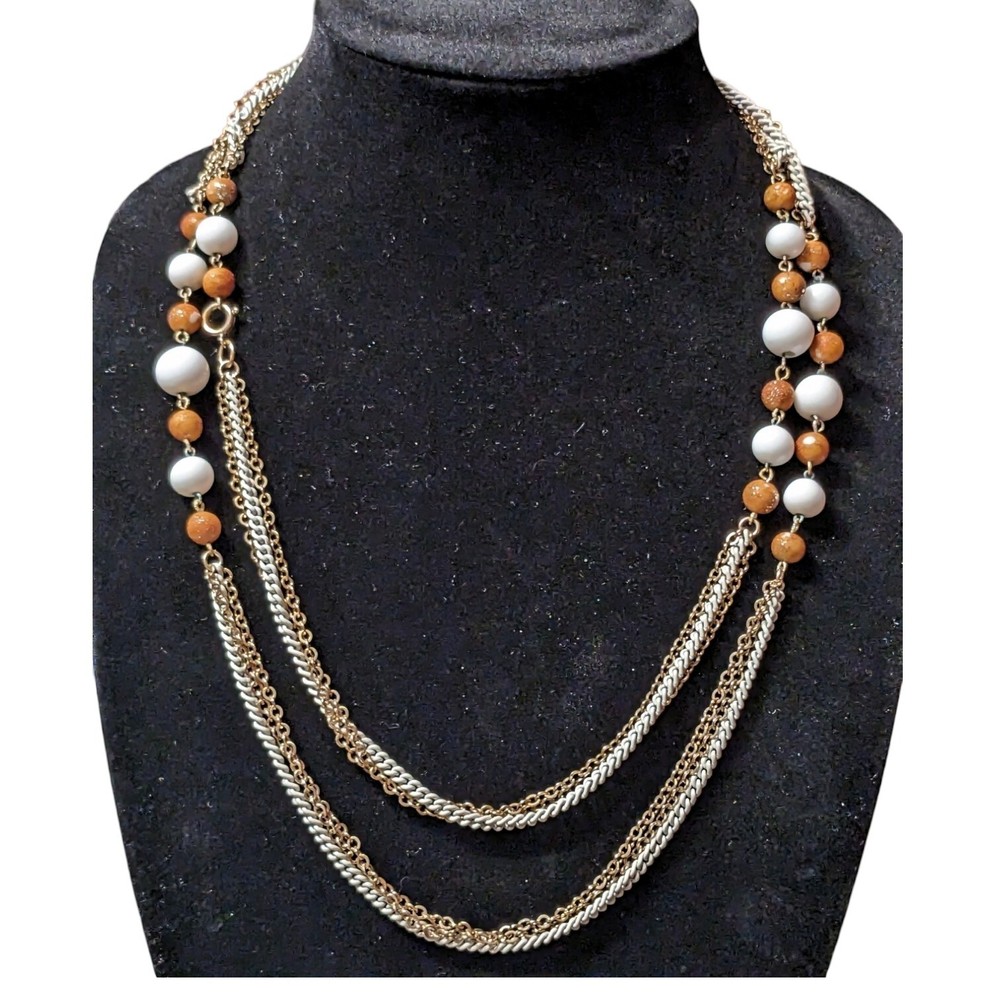 Gold Tone And White Chain 49″ Orange And Cream Bead Stations Necklace Or Belt