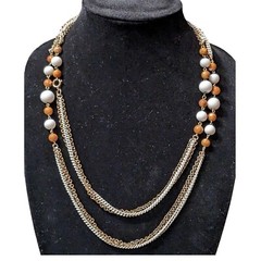 Gold Tone And White Chain 49″ Orange And Cream Bead Stations Necklace Or Belt