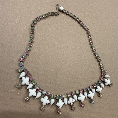 White Milk Glass Rhinestone Pastel Pink Green Blue Yellow Necklace