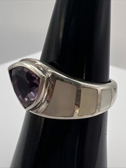 Vintage Sterling Silver 925 Trillion Cut Amethyst Mother Of Pearl Inlay Ring