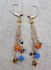 Vintage Sterling Silver Earrings Pink Blue Brown Gemstones 2.5 in Tassels 83f