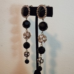 Vintage Signed Les Bernard Rhinestone & Faceted Black Dangle Ball Earrings 4″