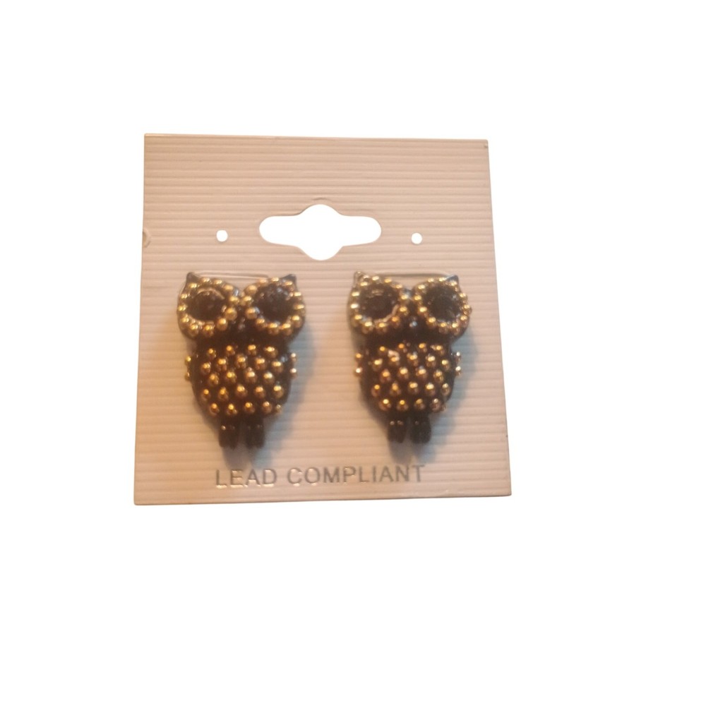 Earrings pierced post Owls with black rhinestone NOS