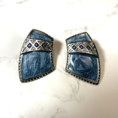 Vintage Edgar BEREBI Tribal So Western Blue Enamel Silver Tone Clip on Earrings