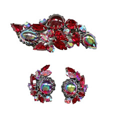 VTG. REGENCY RED & AURORA BOREALIS CABOCHON and RHINESTONE BROOCH & EARRING SET