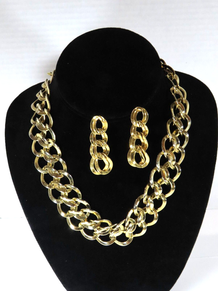 Monet Necklace Earrings Set Double Chain Link Drop Pierced Vintage Signed D2008