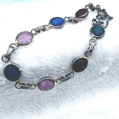 Vintage Egyptian Revival Scarab Bracelet Safety Chain Acrylic Silver Tone 7.25″