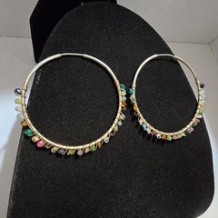 Large Vintage Sterling Silver with Gemstone Wire Wrap Hoop Earrings 2.05″