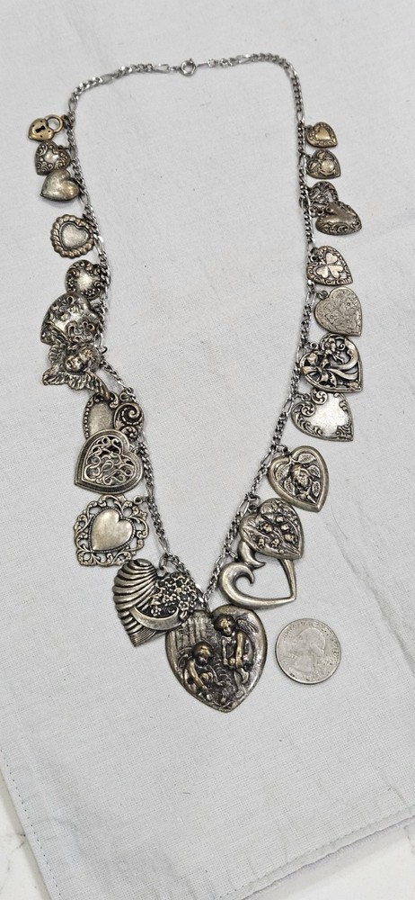 VTG Pididdly Links Style Silver Heart Charm Necklace 23 Charms Bead 22″ Long