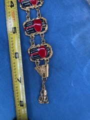 Gold Tone Double Linked Scarab Bracelet Red And Blue Enamel 7”