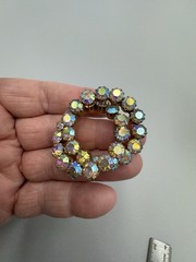 Clear AB Aurora Borealis Rhinestone Prong Dbl Circle Gold Tone Brooch Estate Vtg