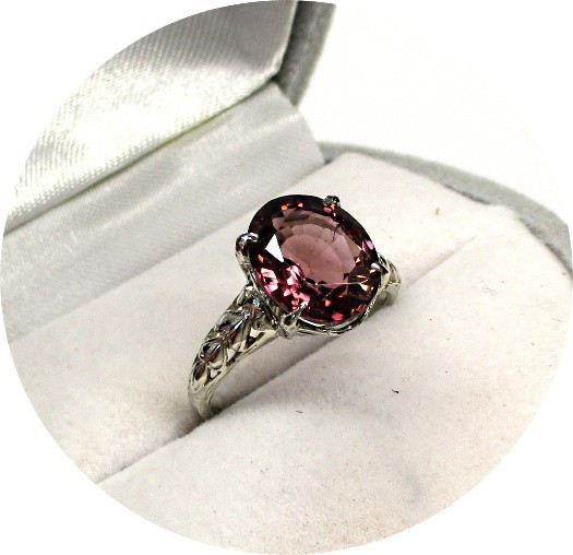 Bright Rosy-Red TOURMALINE Ring – Art Deco – 14k Solid White Gold Filigree Mtg