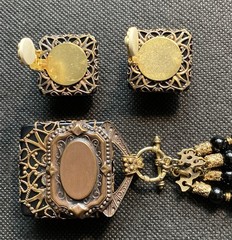 Vtg PATRICE Brass Carnelian Onyx Double Strand Bead Pendant Necklace Earring Set